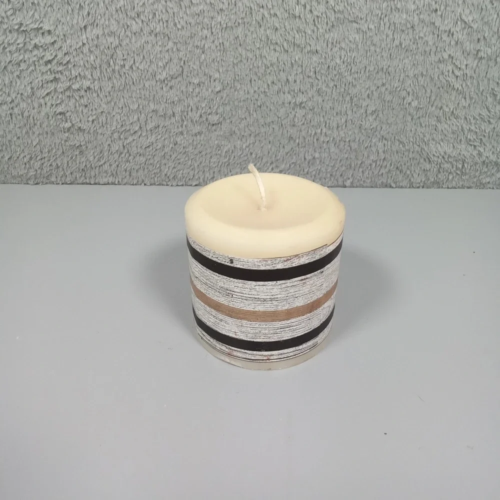Rustic Striped‎ Wood Grain Pillar Candle Unscented Cream Black Brown 3x3
